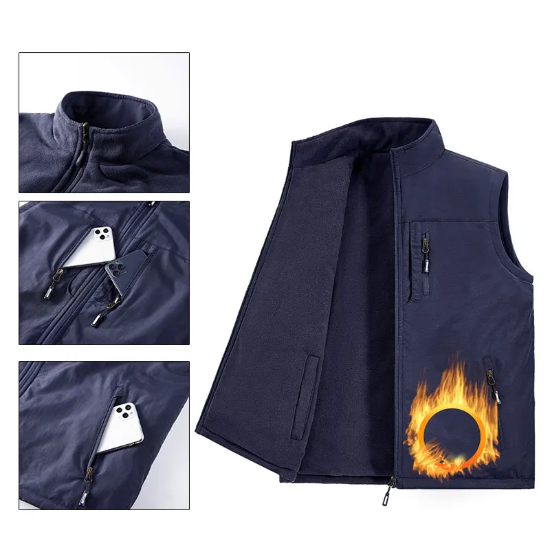 Male Hiking Vest Winter Fleece Double-Sided Mountaineering Casual Vest Outdoor Warm Solid Fishing Hunting Cargo Sleeveless Coats