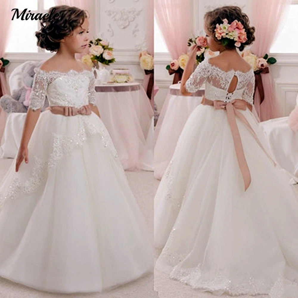 

New 2023 Summer Girls Dress Bridesmaid Kids A-Line Straight Neckline Bow Dresses Half Sleeves Appliques Lace-Up Wedding Dresses