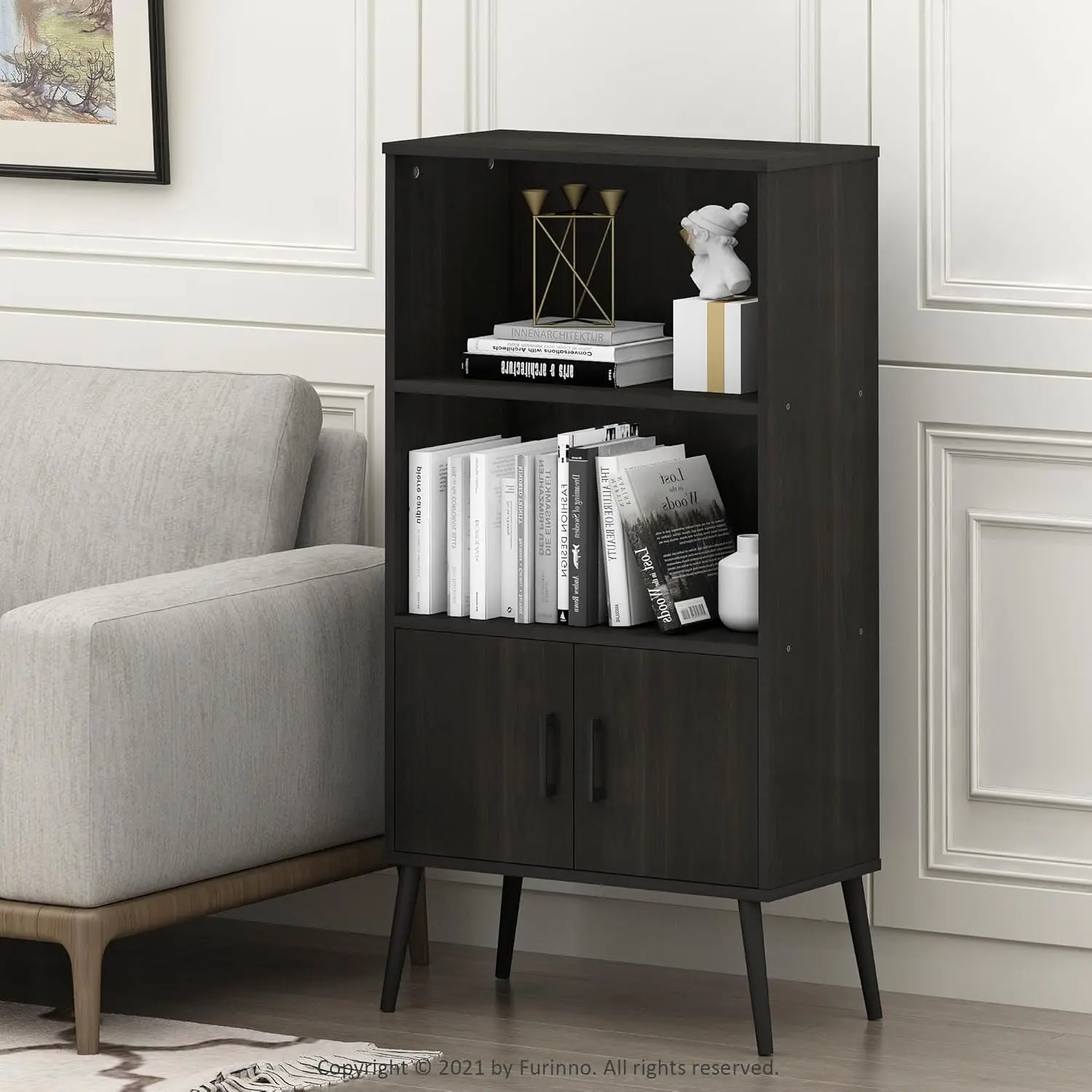 Claude Mid Century Style Accent Wooden Leg Bookcase Cabinet with Storage Organizer Shelves, Espresso