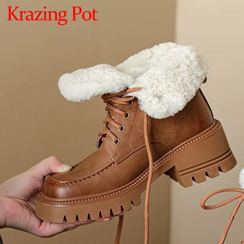 

Krazing Pot Full Grain Leather Thick High Heels Square Toe Cold Resistance Fur Platform Snow Boots Zipper Cross-tied Ankle Boots