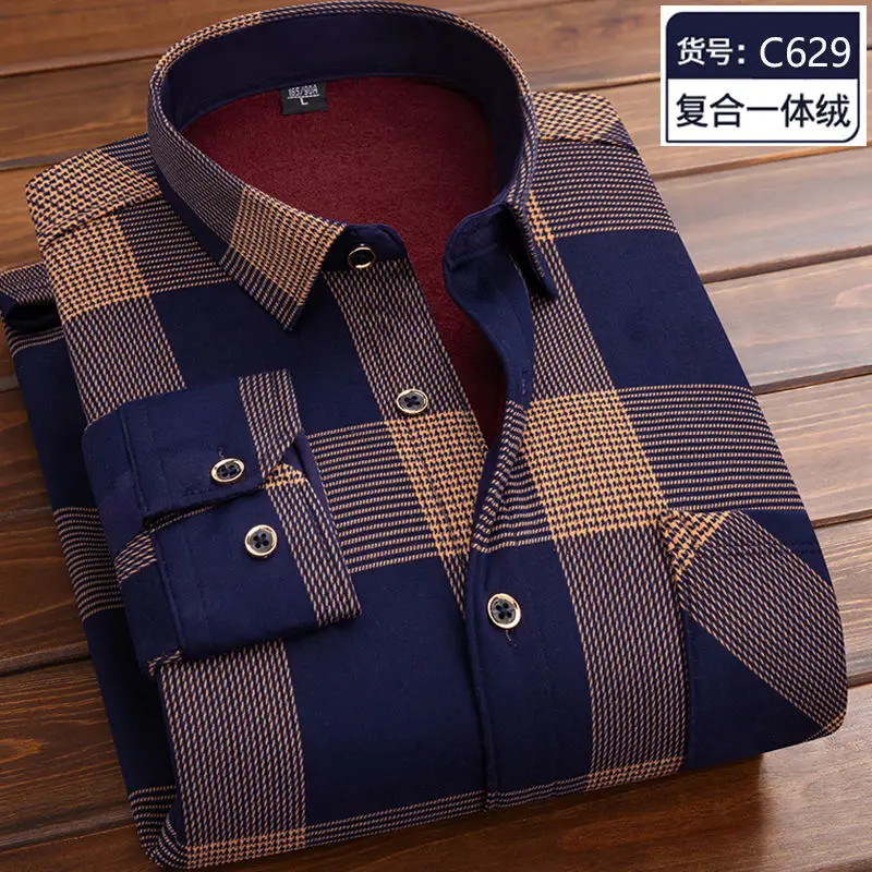 2023 Fall and Winter Men's Long-sleeved Velvet Shirt Warm Shirt Plaid Coat Clothes Men's Shirt Middle-aged Men Warm