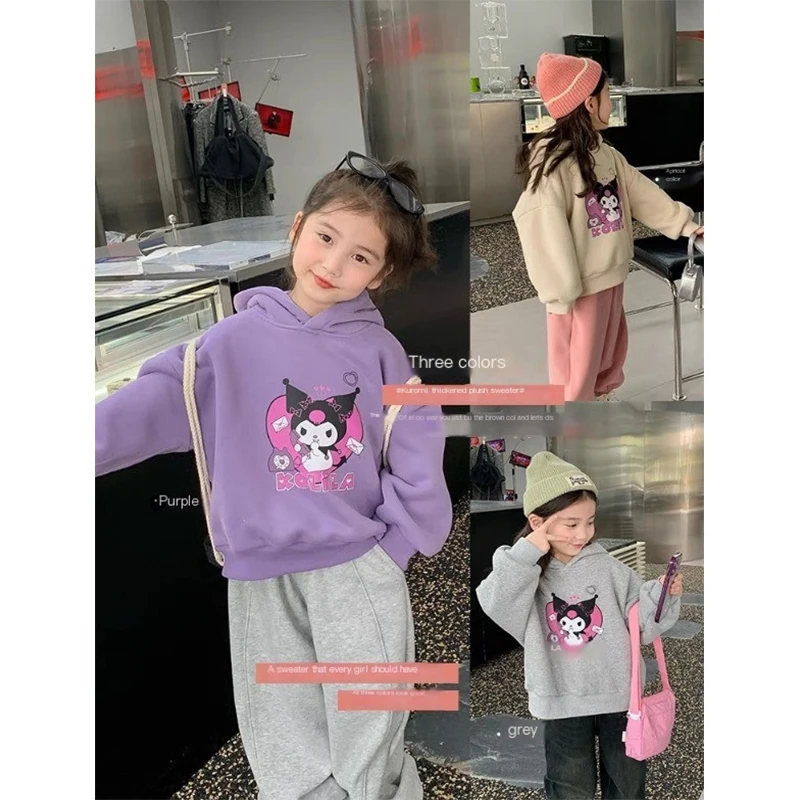 

Kuromi Sanrio Kawaii Anime Girly Heart Autumn Winter Plus Fleece Hoodie Cute Cartoon New Thickened Childrens Tops Toys for Kids