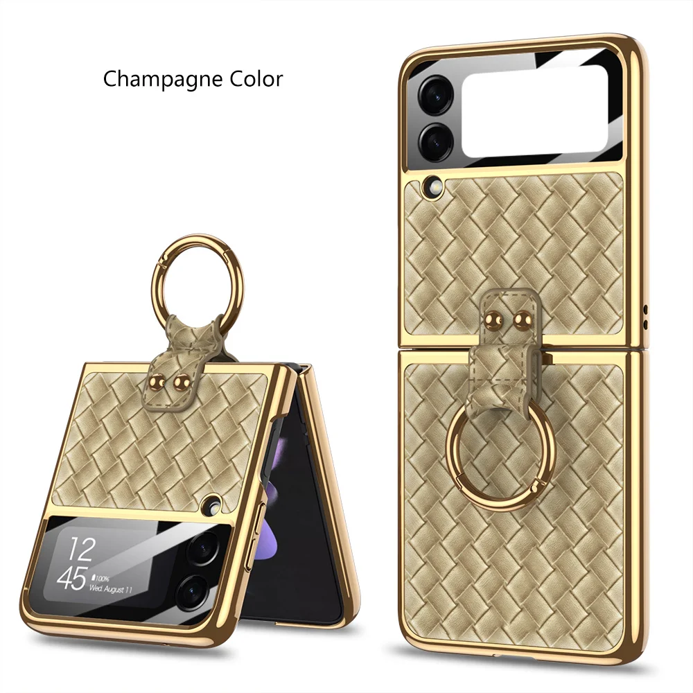 samsung galaxy z flip3 phone case Plain Leather Plating Case For Samsung Galaxy Z Flip 3 5G Phone Cover Ring Holder Stand Luxury Protective Film funda for flip3 z flip3 case