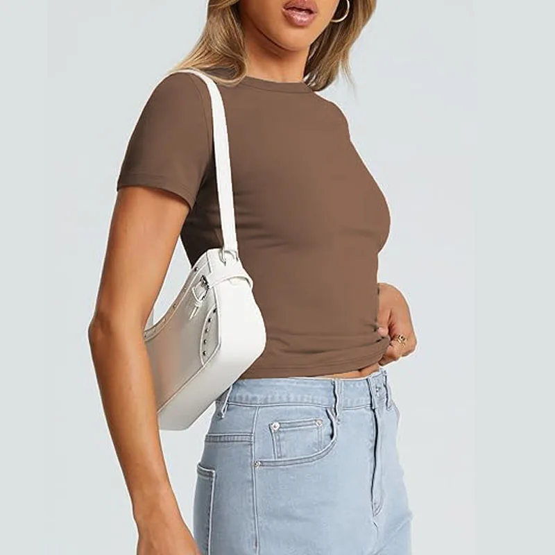 2025, neue frauen Slim Fit T-Shirt Sommer Sexy Kurzarm Rundhals Tops Koreanische Mode Basic Tee Casual Engen T-shirt – Detail 24
