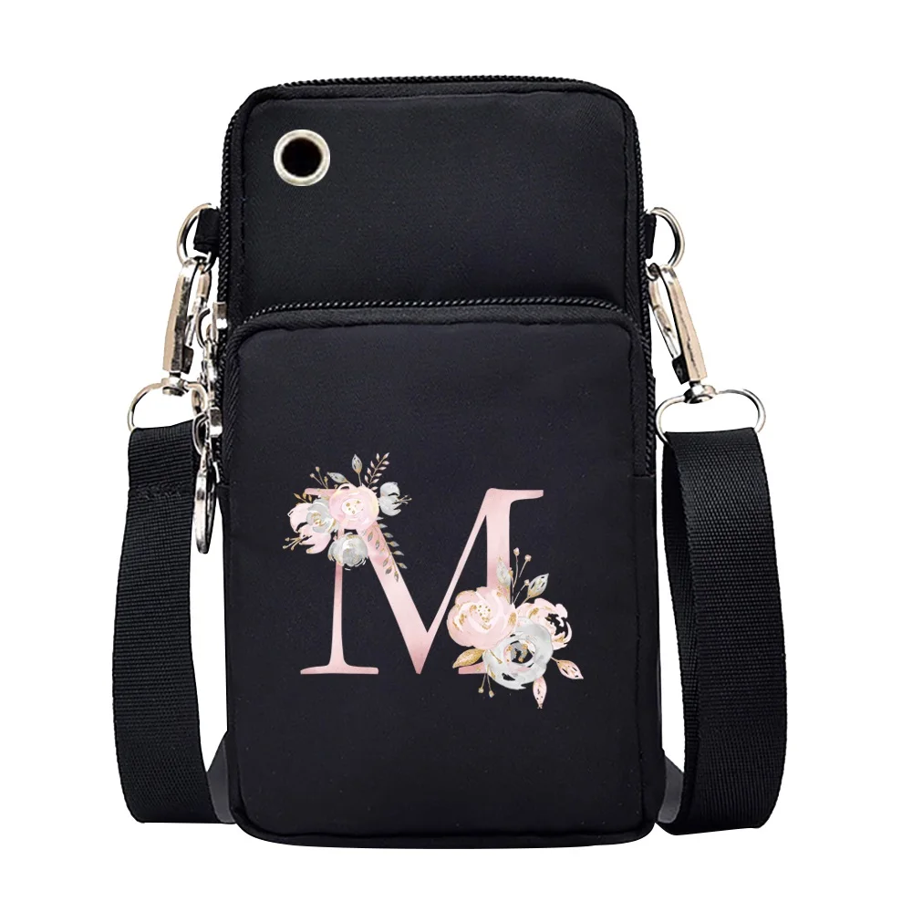 Waterproof Mobile Phone Bag for Iphone/huawei/xiaomi/samsung Universal Pink Flower 26 Letters Cell Phone Case Women Wrist Pack