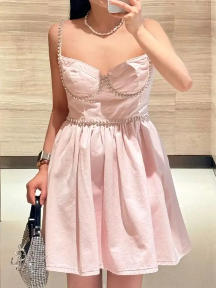 

Женское платье с украшением из стразов, розовое однотонное милое летнее мини-платье без рукавов с высокой талией, 2024