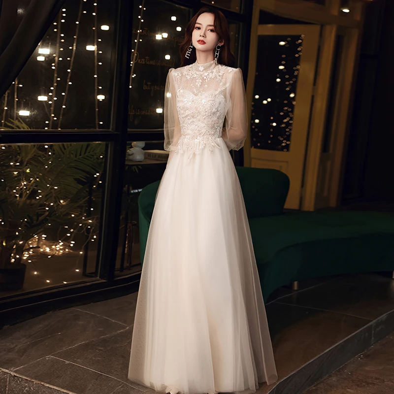 Robe de soiree 2025 New O Neck Champagne Transparent Lace