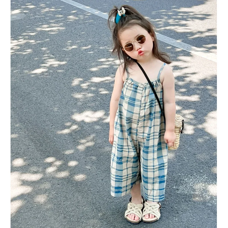 

2024 Summer Children Cotton Linen Plaid Jumpsuit Sleeveless Romper Korean Baby Boys Girls Pants Overall Kids Suspenders Trousers