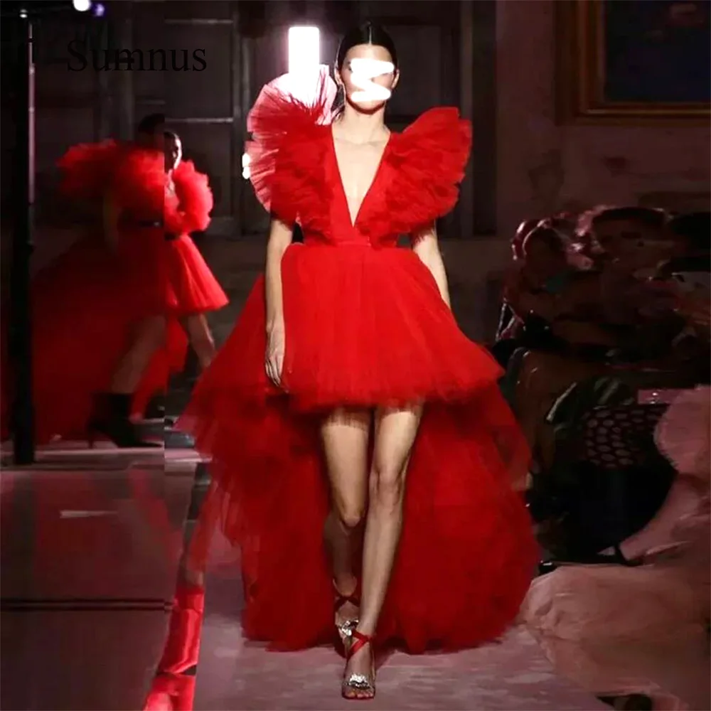 

Sumnus Red Tiered Tulle Sexy Party Dresses Deep V Neck High Low 2023 Pageant Prom Gowns Long Train Customized Event Party Dress