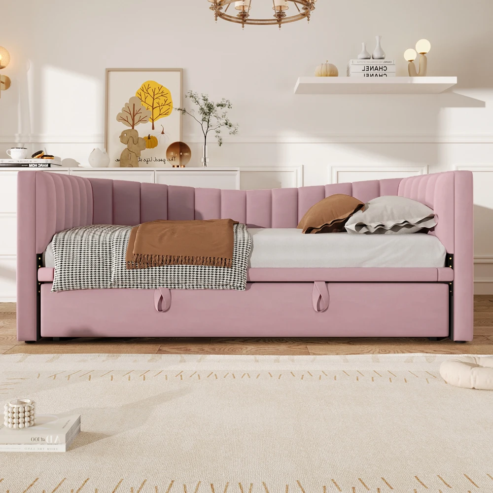 Tagesbett, 90 x 200 cm (180 x 200 cm), gepolstertes Bett mit ausziehbarem Bett, Schlafsofa, Einzelbett, Doppelbett (ohne Matratze), Samt – Detail 5