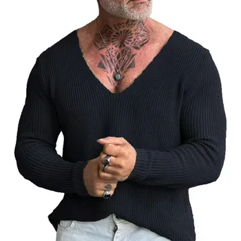 Autunno Inverno Manica lunga Scollo a V Maglione oversize Pullover casual Top Uomo Vintage Solid Knitting Magliette Uomo Tees Streetwear 1