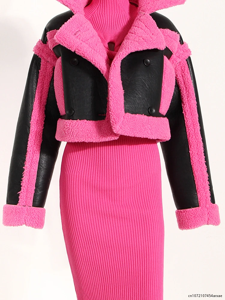 

Fashion Women's Pu Leather Jackets Coats Big Lapel Double Breasted Panelled Patchwork Motorcycle Coat Autumn 2023 New