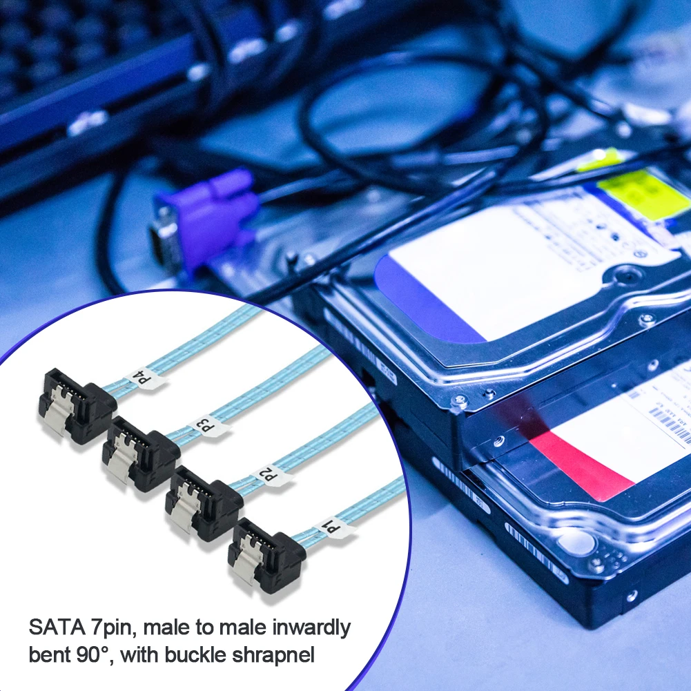 90° SATA 3.0 Mini SAS Cable - 6Gbps, 4 SATA to 4 SATA Male to Male, 7 Pin SSD Hard Disk Drive Data Cable Description Image.
