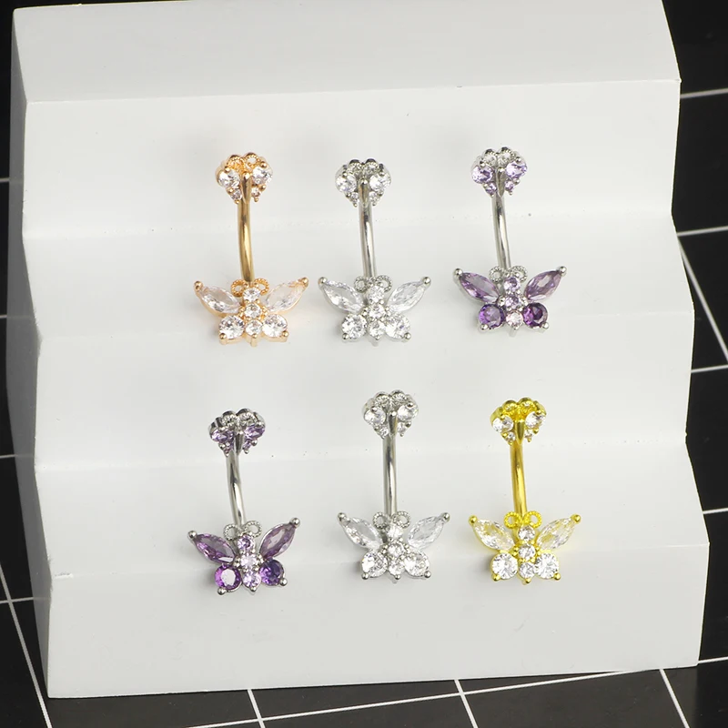 Surgical Steel Crystal Zircon Flower butterfly Purpel Clear Pendant Belly Button Piercing Ring Belly Button Ring Body Jewelry wh