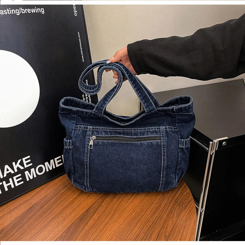 Women's Denim Tote Bag New Solid Color Large Capacity Casual Book Bag Fashion Single Shoulder Handbag Commuter Bag