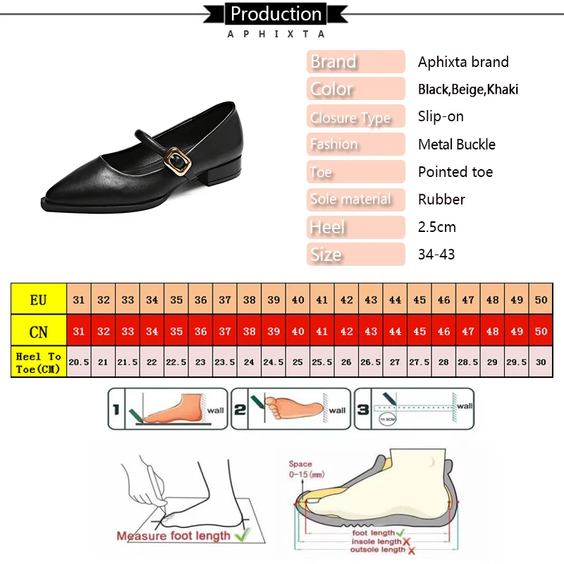 Aphixta 2025 Classic Pointed Toe Mary Janes Women Heels Pump 2.5cm Med Heel Elegant Shoes Shallow Plus Size 43 Pumps