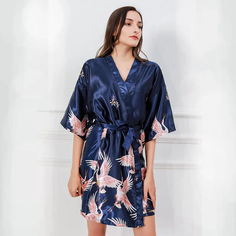 

V-Neck Kimono Bathrobe Gown Print Crane Long Robe Satin Lingerie Sexy Sleepdress Half Sleeve Home Dressing Loose Loungewear