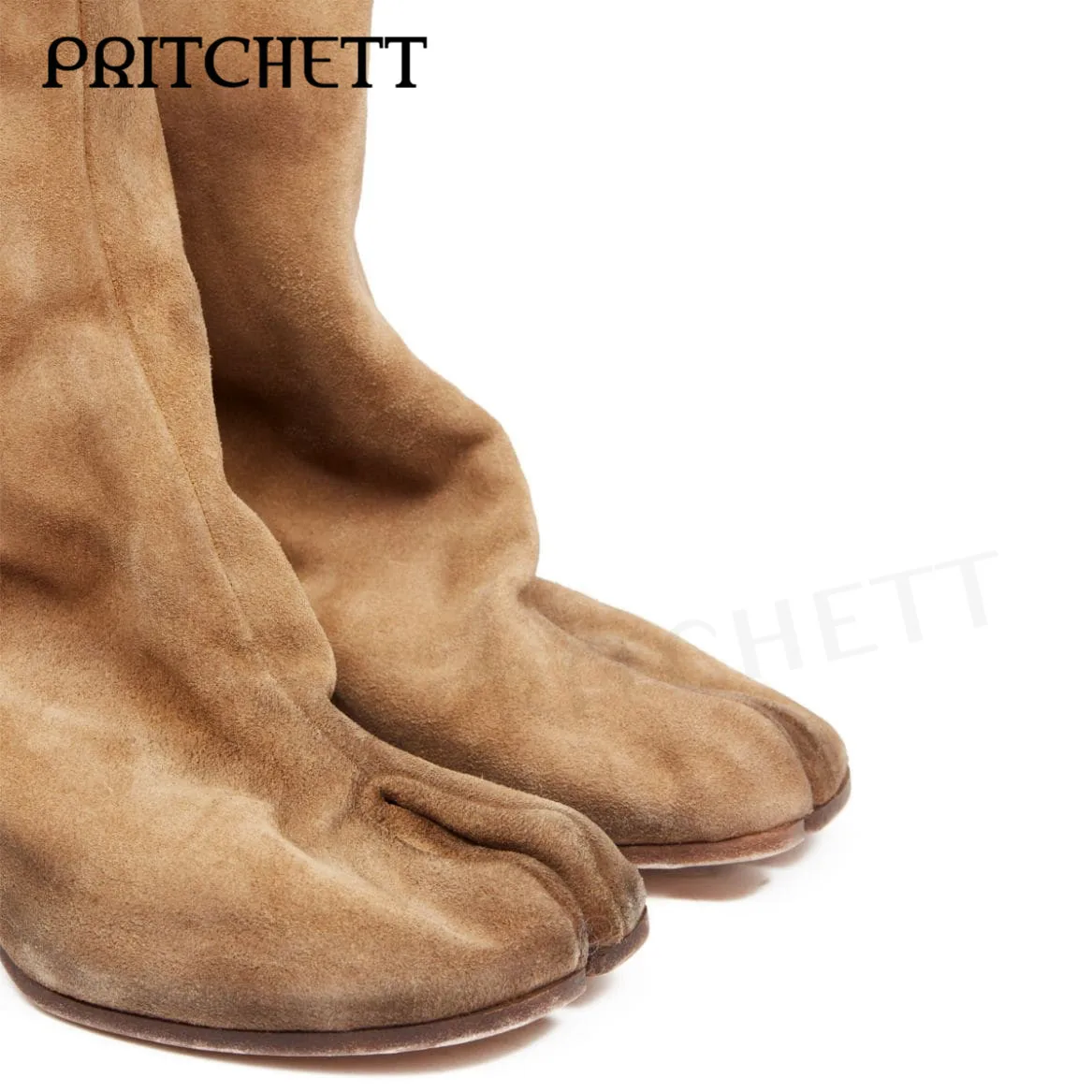 Retro Suede Beige Tabi Boots Round Toe Split Toe Medium High Heel Slip-On Casual Short Boots Personalized Fashion Women's Shoes