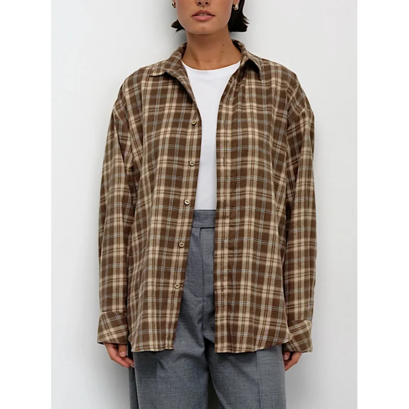 Fashion Retro Polyester Cotton Checked Shirt Autumn Trendy All-Matching Turn-down Collar Long Sleeve Coat Cardigan Women's Cloth