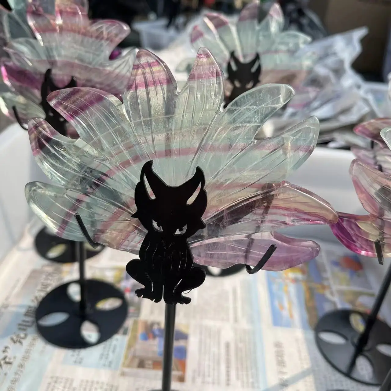 

Hand Carved Nine-Tailed Fox Crystal Sculpture, Natural Color, Fluorite, Spiritual Animal, Home Decoration, Free Stand