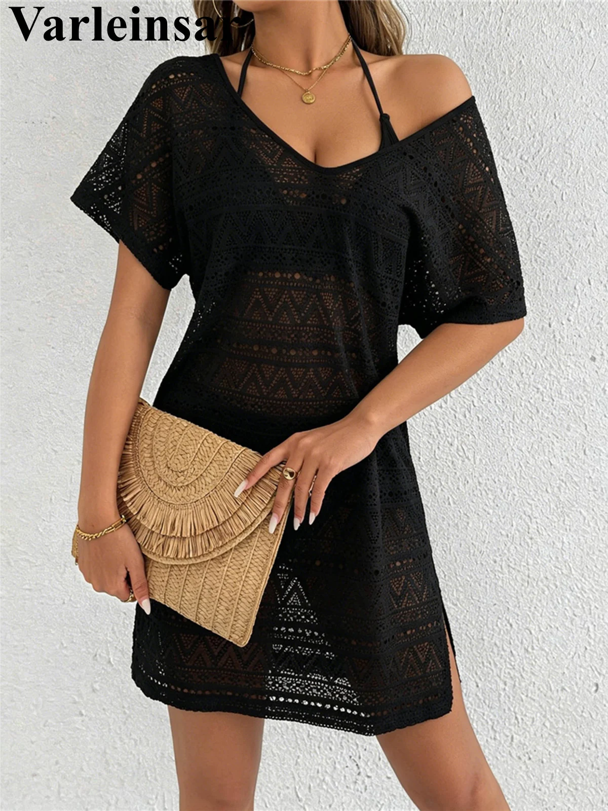 S - XL V Neck Short Sleeve Hollow Out Knitted Tunic Beach Cover Up Cover-ups Beach Dress Beach Wear Beachwear Female Women V8214 6