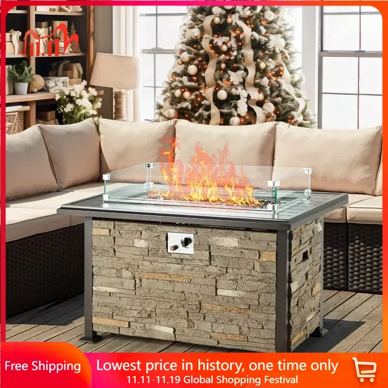 44 Inch Aluminum Propane Fire Pit Table W/Faux Ledgestone, Hand-Painted Table Top, 50,000 BTU Fire Table, Wind Guard, Waterproof