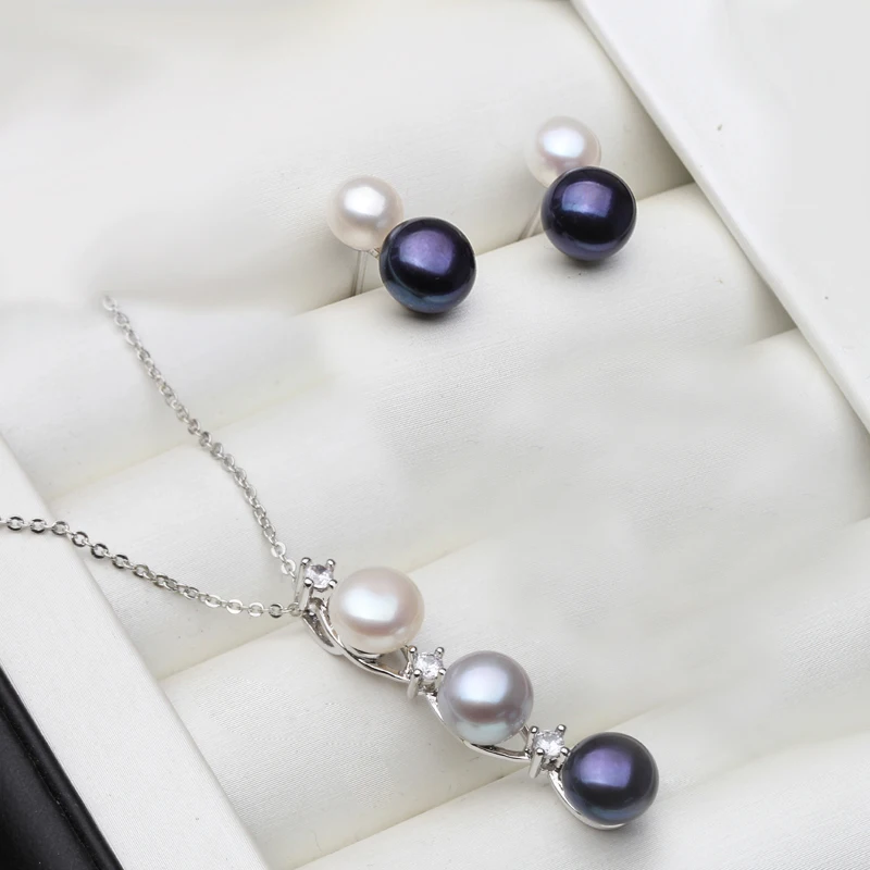 Wedding 925 Silver Natural Freshwater Pearl Necklace And Earrings Set For Women Customers White Black