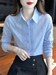 Embroidery Women Spring Autumn Blouses Shirts Lady Casual Long Sleeve Turn-down Collar Solid Color Blusas Tops DF4794