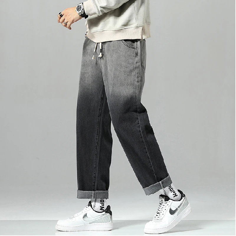 Men's Jeans Wide Leg Denim Cargo Loose Straight Baggy Hip Hop Streetwear Skateboard Neutral Fake Zippers Elastic Waist Trousers