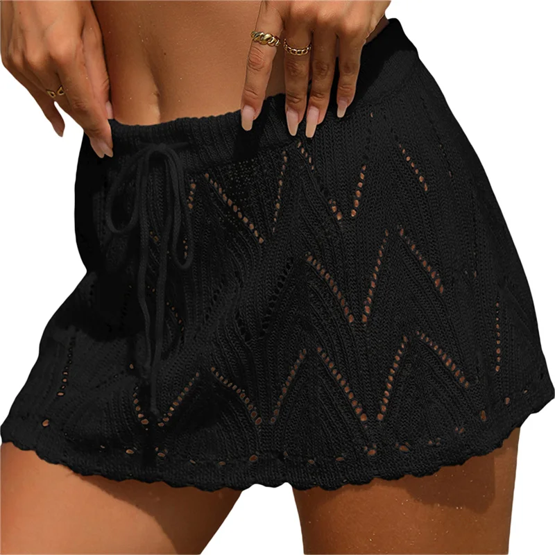 Falda de playa para mujer, de verano, de color liso, con cordón, de cintura alta, de punto, minifalda, traje de baño informal