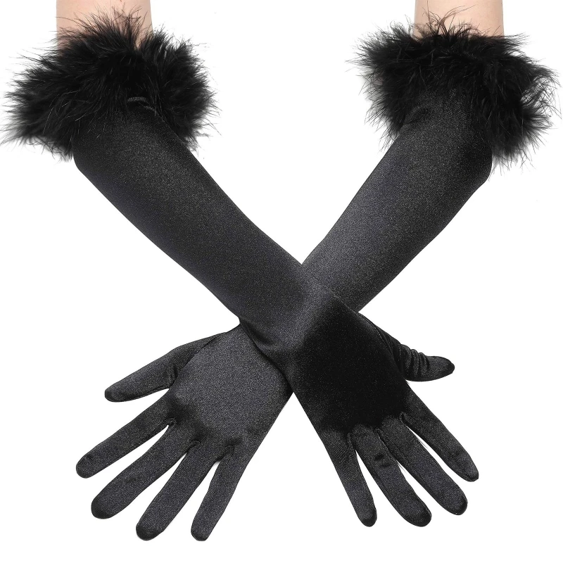 Fluffy Cuff Long Sleeve Gloves Banquet Dress Gloves Solid Color Warm