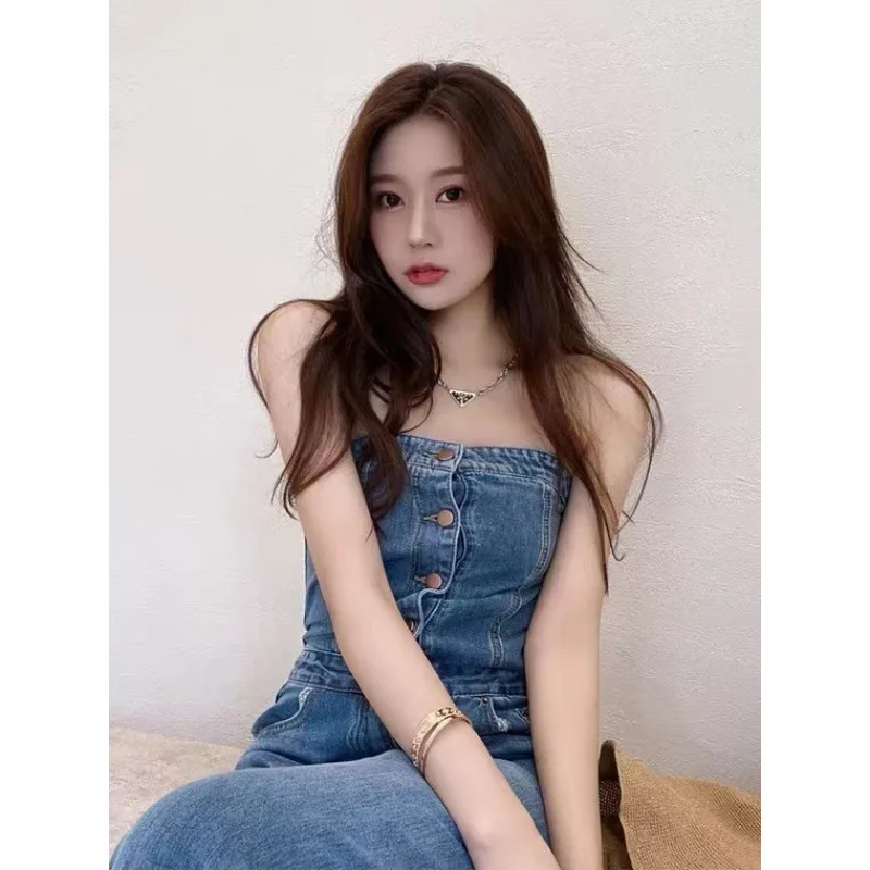 Jeans Female Summer High Waisted Design Sense Breast Wrapping Tool Mopping New Wide Leg Jumpsuit Pants Jeans Woman Women Jeans