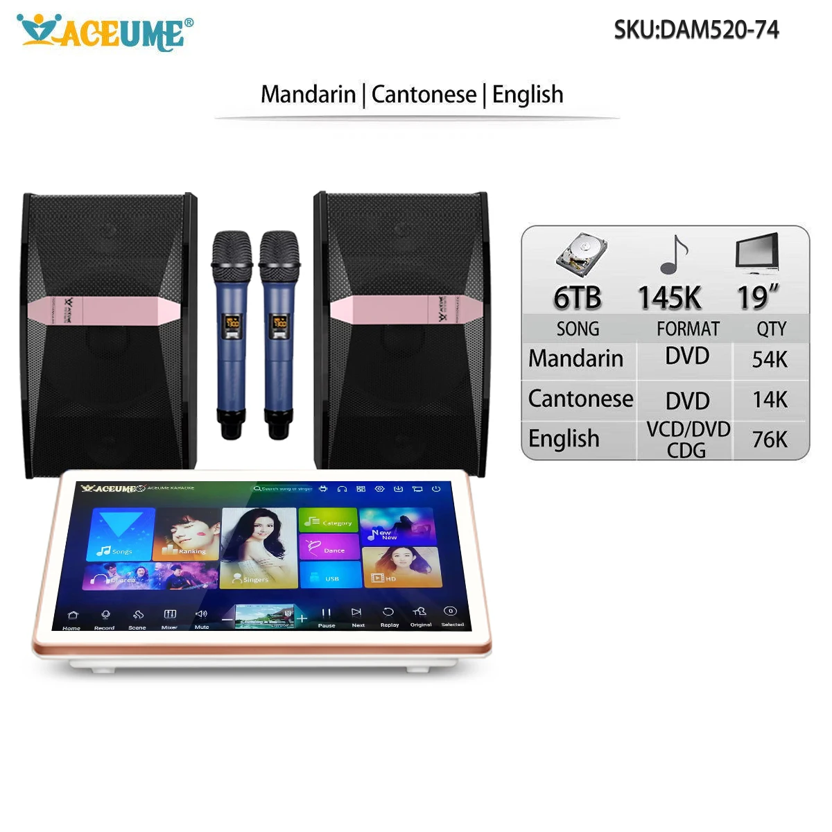 6TB HDD 145K Chinese English Songs 19" Touch screen karaoke player Speaker Set