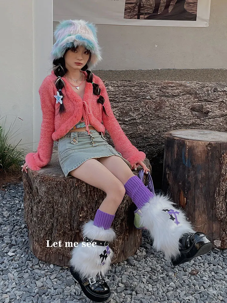 Furry Leg Warmers Stripes Pile Style Knee Belt Three-Piece Set Boot Covers Lady Cute Knee-length Warm Sock Fashion Leg Stockings