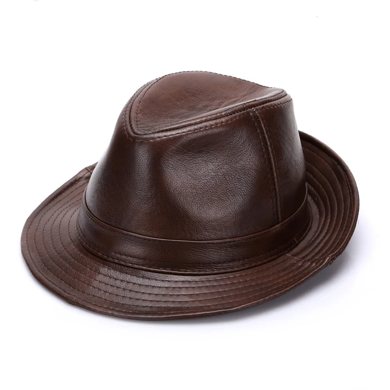 2025 Autumn Men Real Genuine Cowhide Leather Top Hats Men Fashion Caps Winter Warm New Cowboy  100% Real Cowhide Leather Hats 3