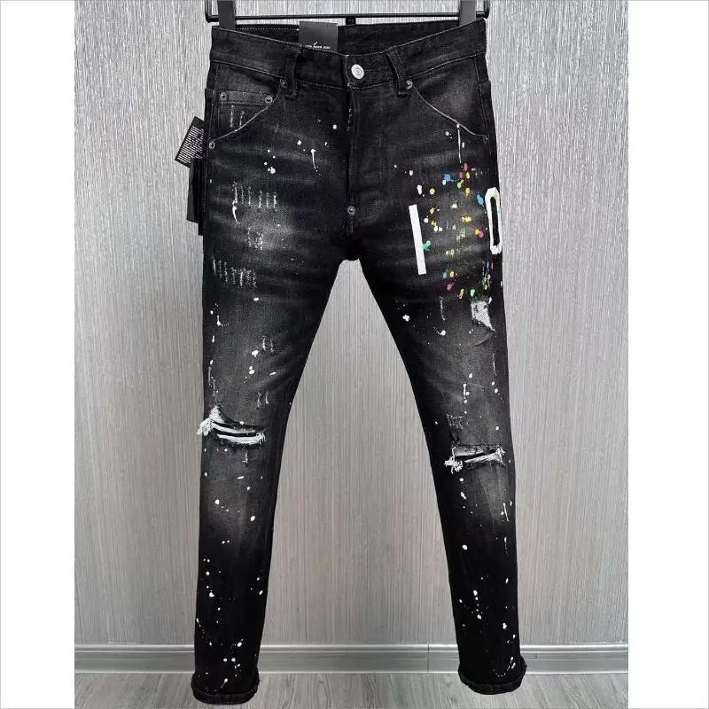 

Trendy Men's High Street Moto&Biker Casual Denim Fabric Letter Pants Fashion Hole Spray Painted Jeans dsq9881