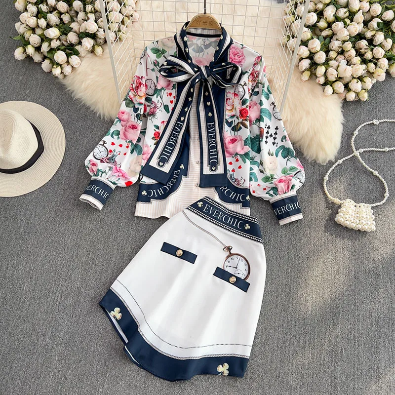 

New Women British Spring Runway Retro Bows Shirts Long Sleeve Blouse And Irregular Bottons Skirts Suit Party Clothing Sets