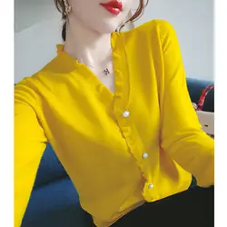 Elegant V-Neck Solid Color Button Spliced 2022 Autumn New Oversized Shirt Loose Casual Tops Commute Women's Clothing Blouse