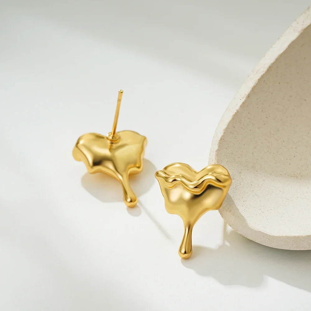 Polished Lava Textured Heart Dripping Droplet Mini Ear Studs Quality Gold Plated Geometric Non Tarnish Earrings Chic Jewelry New