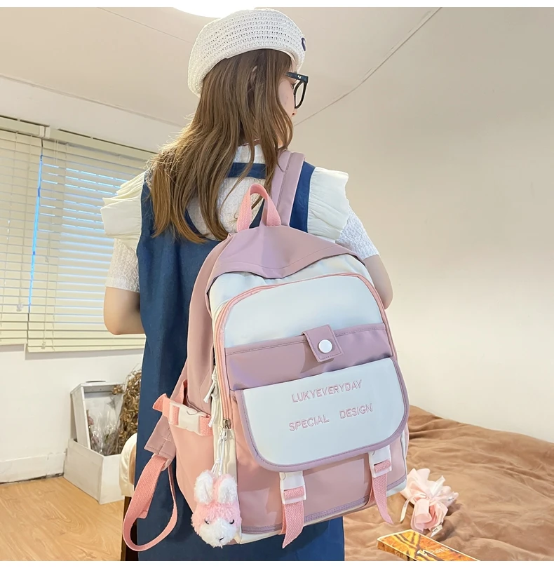 DCIMOR New English Embroidery Waterproof Nylon Women Backpack Female Cute Contrast Color Travel Bag Kawaii Girl Schoolbag Preppy