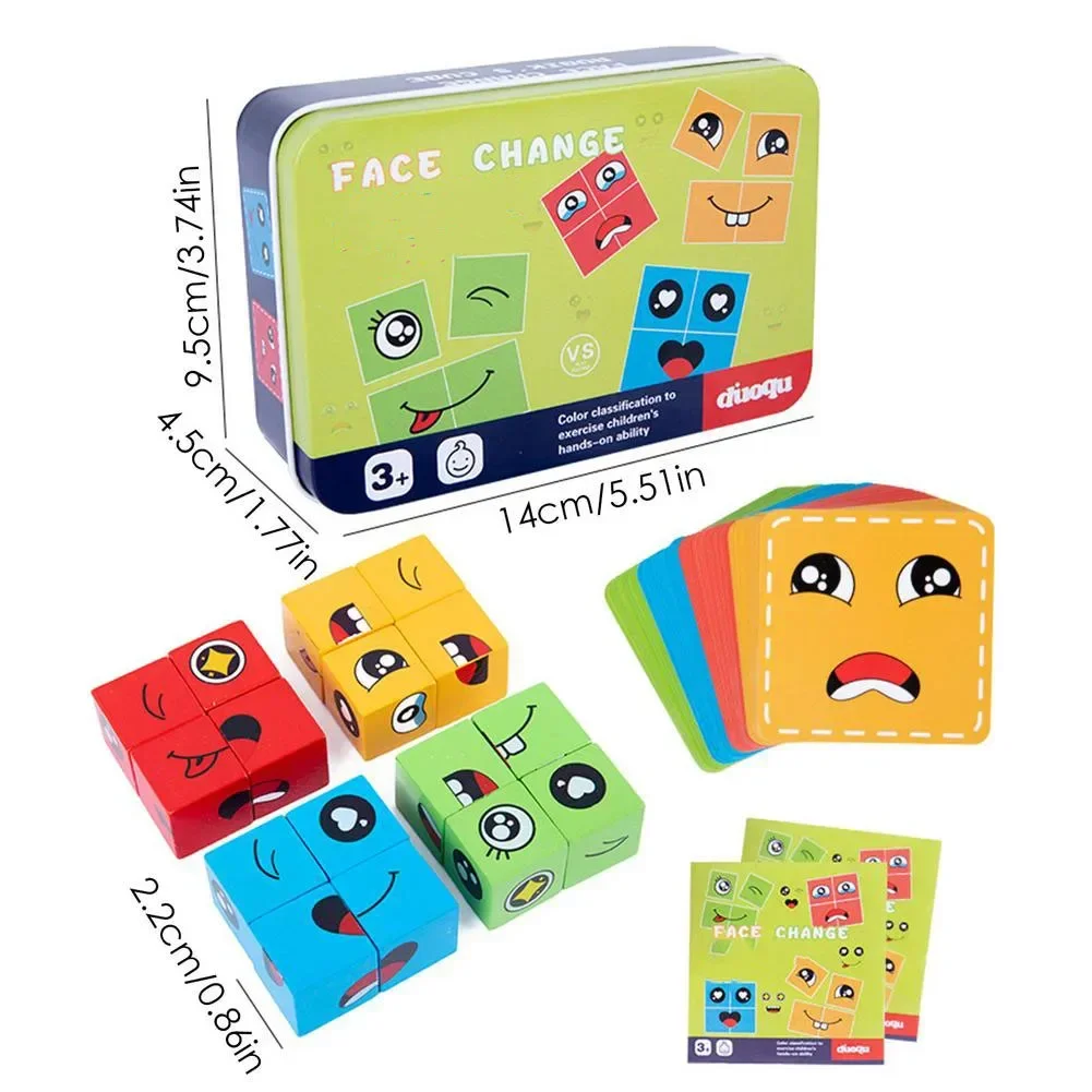 Kids Montessori Toy 64 pcs Cards of Emoticon Puzzle Face Change Cubes Wooden Toys Building Blocks Educational Game for Children 2