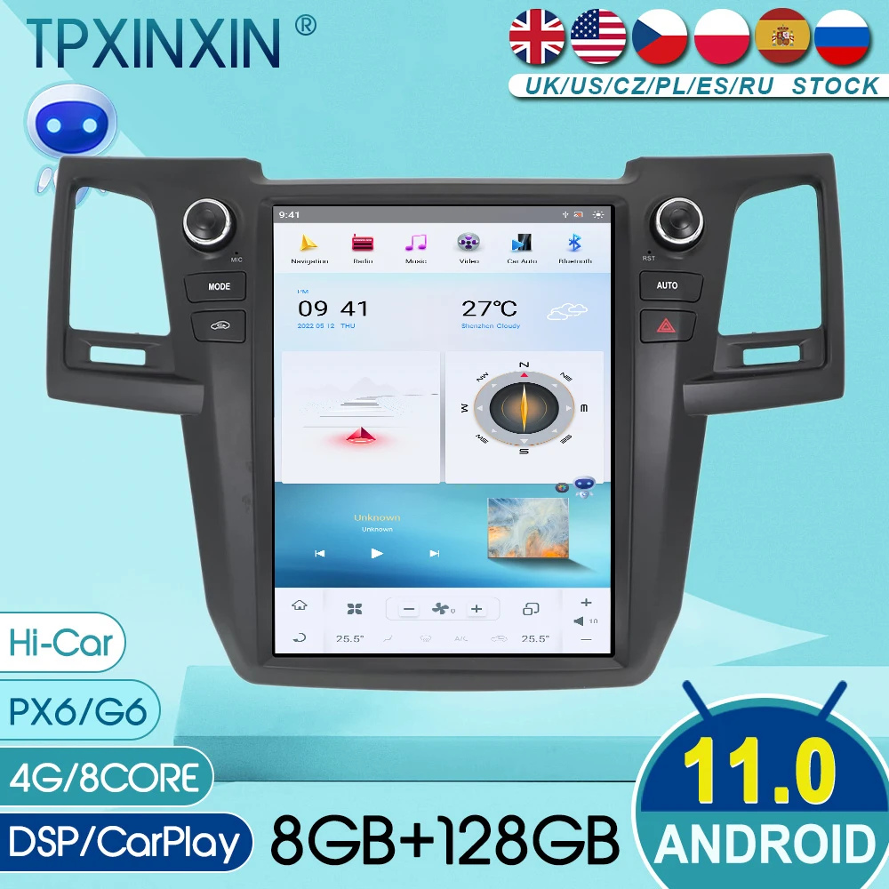 

128G Tesla Screen For TOYOTA Fortuner HILUX Revo 2007-2015 Android11 PX6/G6 Car Multimedia Player Voice control GPS Radio Stereo