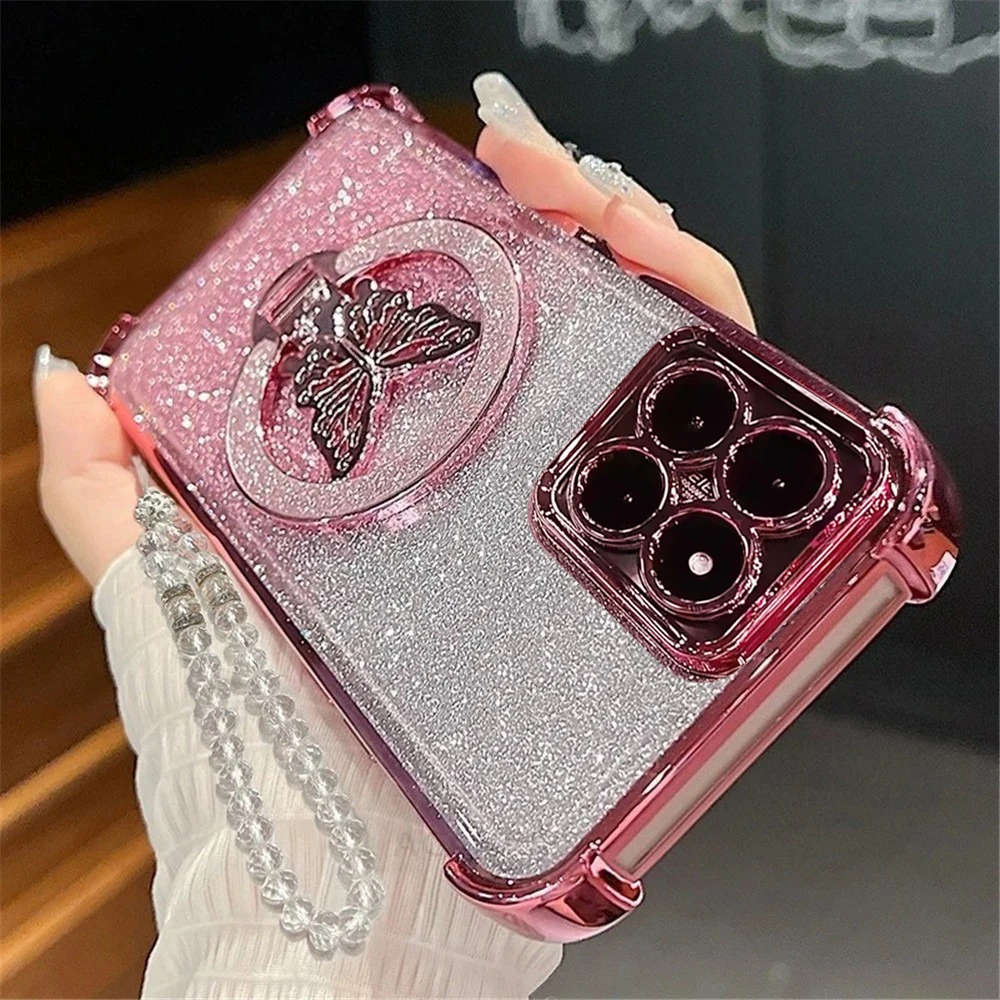 Glitter Butterfly Crystal Bracelet Shockproof Silicone Phone Case