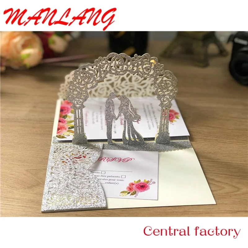 

Custom Custom Luxury Glitter Laser Cut 3d Handmade Up Wedding Invitation Card With Envelope
