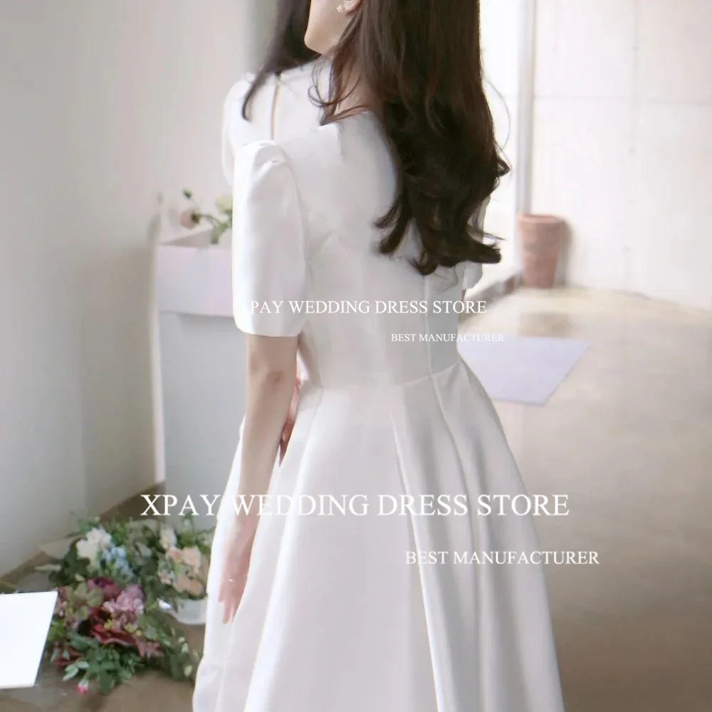 XPAY Simple Soft Satin Korea Wedding Dresses A Line Short Sleeve Sweep Train Bridal Gowns Cut Out V Neck Pleats Bride Dress 3