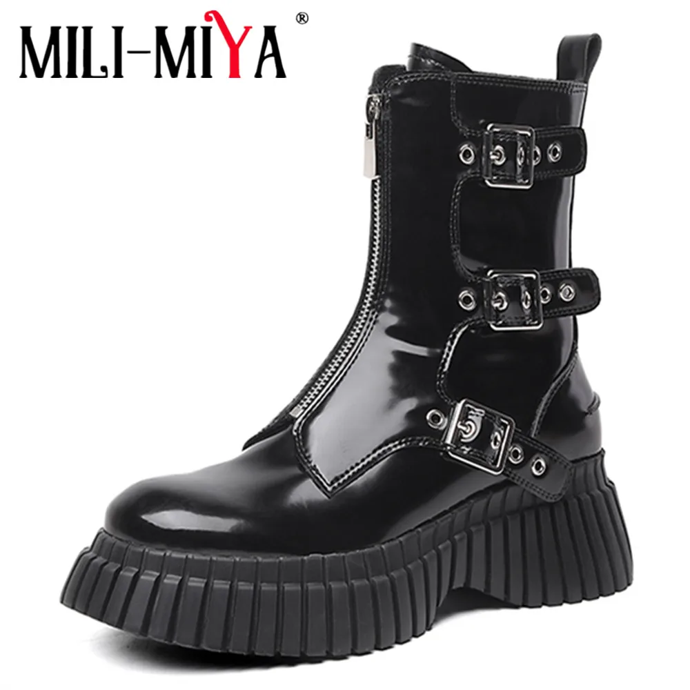

MILI-MIYA Fashion Round Toe Women Full Genuine Leather Ankle Boots Solid Color Flat Heels Middle Zippers Casual Street Shoes