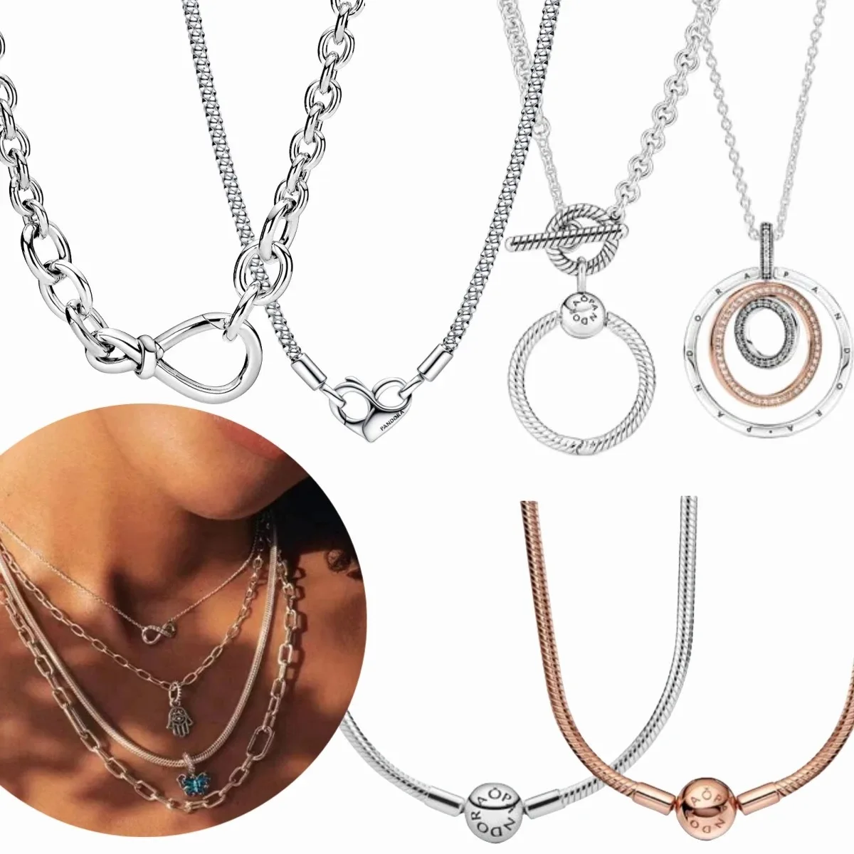 PANDORA-Cadena de serpiente para mujer, Collar de plata 925, doble tono, círculo, corazón, bricolaje, joyería encantadora, regalos de navidad