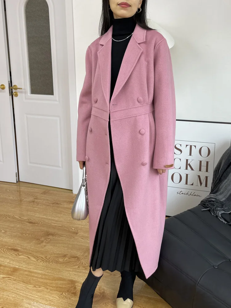 High-end Waist Pleated Double-sided Wool Coat Medium Long Women Loose Turn-down Collar Double Breasted Wool Coat Autumn Winter