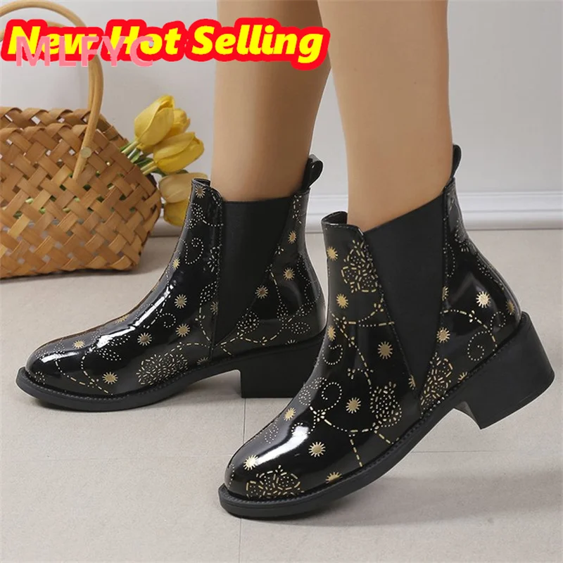 Women's Fashion Boots New Large Short Barrel Autumn/Winter European Round Toe Patent Leather Single Boot Thick Heels