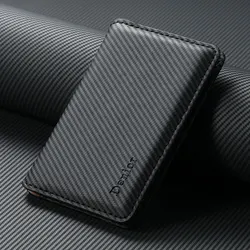 Magnetic Leather Card Holder Wallet with Carbon Fiber Texture (Black)